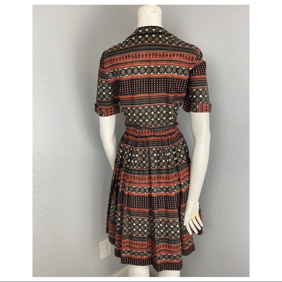 Vintage Jeanne Orange & Brown Floral & Stripe Print Fit & Flare Dress - Picture 5 of 6